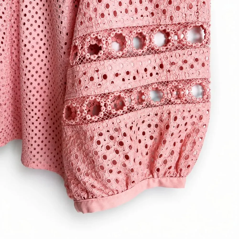 Banana Republic Eyelet Lace Blouse Medium Coral Pink Boho Ruffle Puff Sleeve